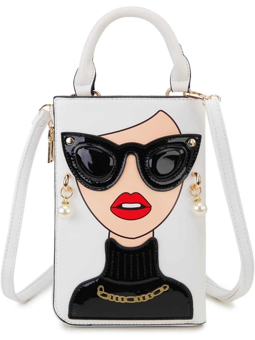 Women White 3b Novelty Lady Face PU Leather Shoulder Bag Handle Satchel Clutch